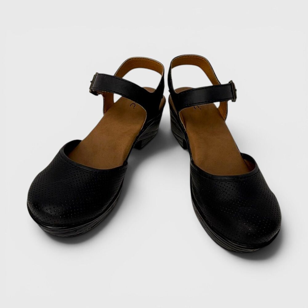 b.ø.c Black Perforated Leather Wedge Sandals Size 7
